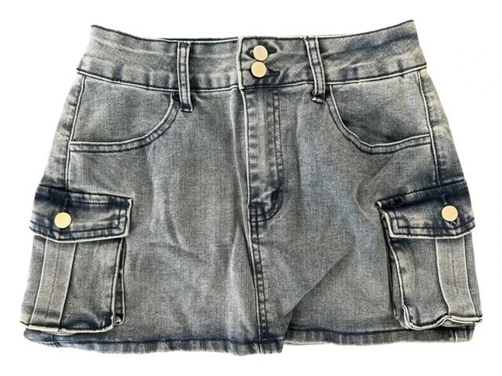 Etosell Small Denim Mini Skirt Blue Low Waist Jean Cargo Y2K Button Flap Pockets